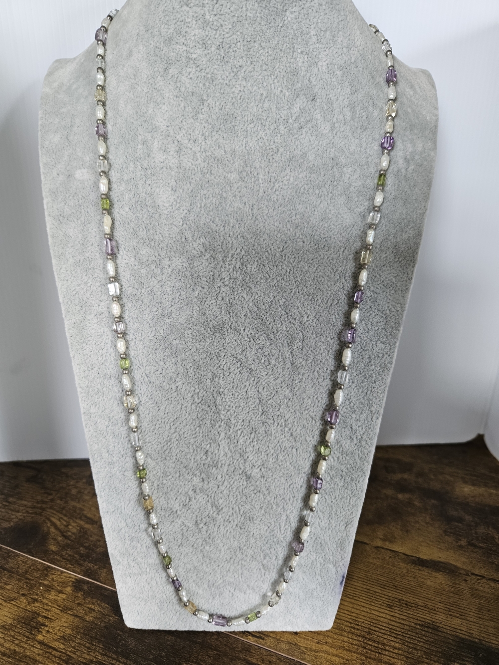 Vintage Handcrafted Multi-Color Gemstone & Pearl Strand Necklace 32 Inch